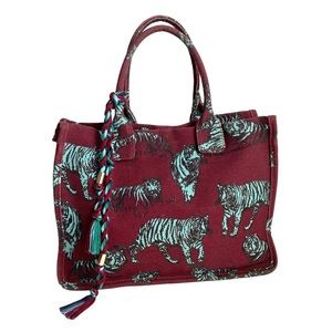 Vince Camuto Orla Tote Bag Tiger Maroon Aqua Canvas Purse Work Beach Carryall